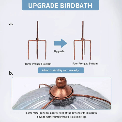 Assembly guide showing upgrade from three-pronged to four-pronged base for Blue Glass Bird Bath And Feeder With Metal Stake For Yard And Garden 31 Inch Outdoor Height Four Pronged Stable Base Easy Setup Holds Water Or Bird Food To Attract Birds In Your Backyard.