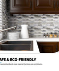 Modern kitchen with Peel and Stick Brick Kitchen Backsplash Self Adhesive Wall Tile Stone Design in Grey, 10 Sheets installed.