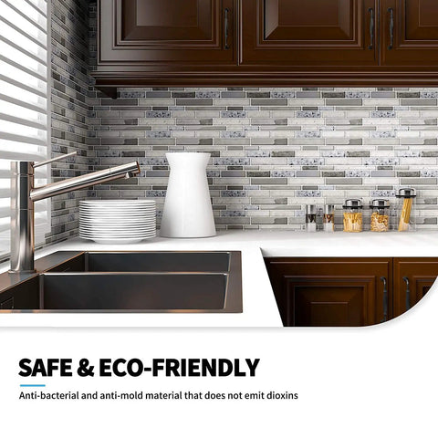 Modern kitchen with Peel and Stick Brick Kitchen Backsplash Self Adhesive Wall Tile Stone Design in Grey, 10 Sheets installed.