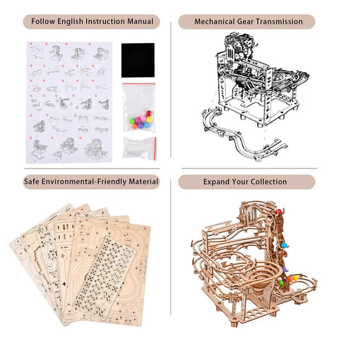 Mechanical Marble Run Puzzle Kit With Chain Hoist 335 Pieces And 8 Marbles A DIY Wood Model Building Kit For Adults And Teens. Instruction manual, wooden parts, marbles, and assembled kit shown.