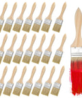 30 Piece Pro Grade Paint Brush Set With Thick Wood Handles Two Inch Flat Oil And Stain Brushes for walls and fences shown with red paint