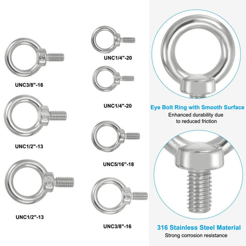 Six Pack 1/4-20 UNC Lifting Eye Bolts Set, 316 Stainless Marine Grade Eye Bolts With Threaded Rings for various uses shown