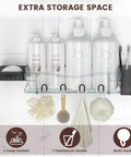 Over Showerhead Caddy With Rustproof Stainless Steel Construction Easy Install No Drilling Anti Swing Design Two Large Baskets Soap Holder And Multiple Hooks Bathroom Organizer For Shampoo Conditioner Body Wash Black installed view with shampoo and accessories