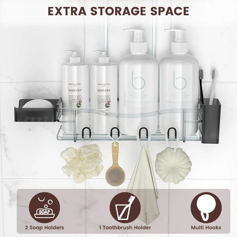 Over Showerhead Caddy With Rustproof Stainless Steel Construction Easy Install No Drilling Anti Swing Design Two Large Baskets Soap Holder And Multiple Hooks Bathroom Organizer For Shampoo Conditioner Body Wash Black installed view with shampoo and accessories