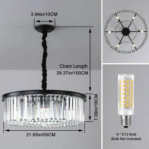 Black Modern Crystal Chandelier Dope Two Tier Round Flush Mount Pendant Light With measurements and bulb details shown