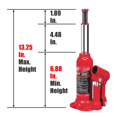 Hydraulic Bottle Jack 2 Ton Lift Range 6.875 To 13.25 Inches Workhorse Heavy Duty Welded Tool With Adjustable Extension, Red