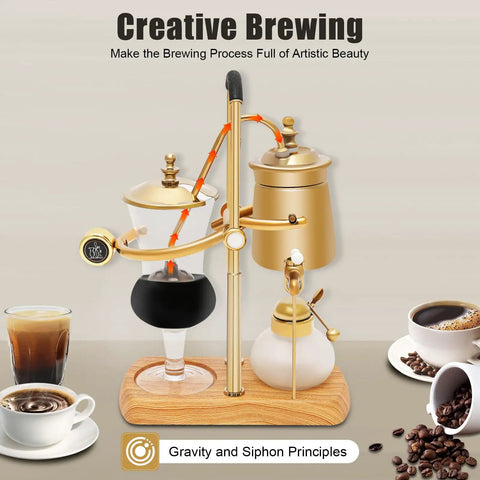 Belgian Style Balance Siphon Coffee Maker With Gravity Vacuum Brewing System, Borosilicate Glass And Stainless Steel Construction, Gold Finish, Vintage Turkish Coffee Pot, 13.53 Oz Rich Barista Grade Flavor