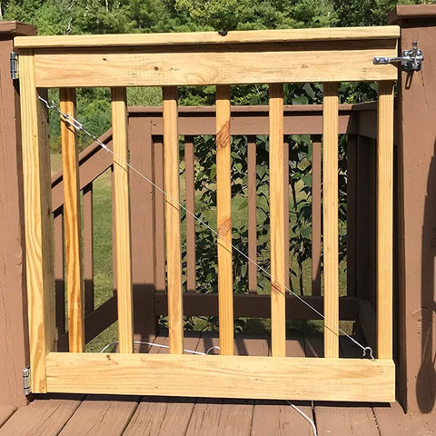 Wooden garden gate with cable tension secured by 12 Pack M4 Hook And Eye Turnbuckles For Cable Rope Tension, 304 Stainless Steel.