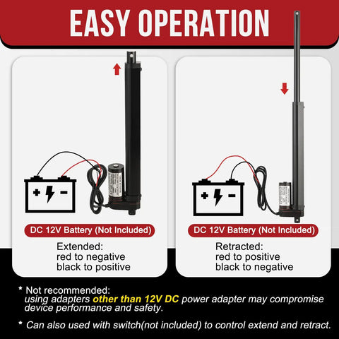 Diagram showing easy operation of 12V Linear Actuator With 10 Inch Stroke And 202 Lbs Load, extended and retracted views with battery connection.