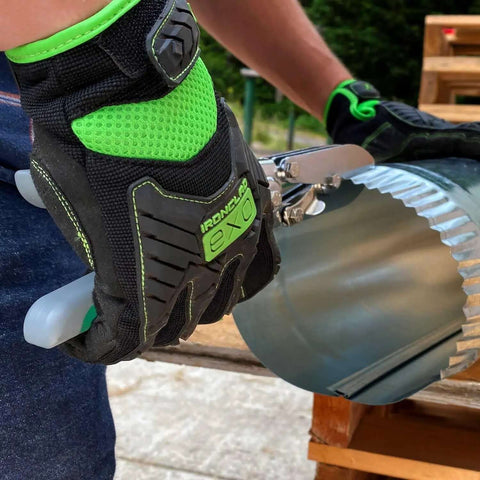 Using five blade sheet metal crimping tool with soft grip handles and safety lock on ductwork