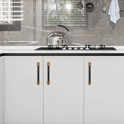 Installed Five Inch Knurled Cabinet Pulls In Black And Antique Brass, kitchen cabinets view, durable corrosion-resistant hardware