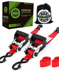 Heavy Duty Self Retracting Ratchet Straps No Sweat One Touch Retraction Quick Release Side Button for Truck Cargo Tie Downs, red 1.5 inch webbing.