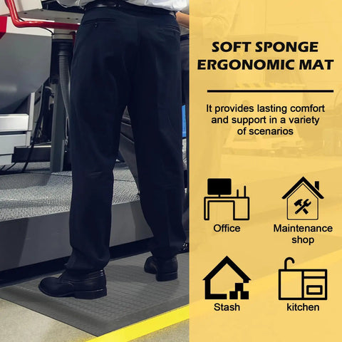 Person standing on 3 X 5 Foot Anti Fatigue Floor Mat Extra Thick Fifteen Sixteenths Inch Ergonomic Diamond Plate Heavy Duty Non Slip Industrial Grade Mat To Ease Leg And Back Pain Durable Gray in office setting.