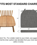 Size guide for Six Pack Dining Chair Cushions With Ties And Non Slip Backing, 16x16x2 Inches, Dark Gray on wooden chair.
