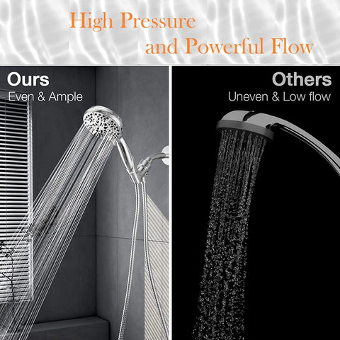 High Pressure Rain Shower System with Full Body Coverage, 60 Inch Hose, and Adjustable Brass Joint Holder shown in comparison.