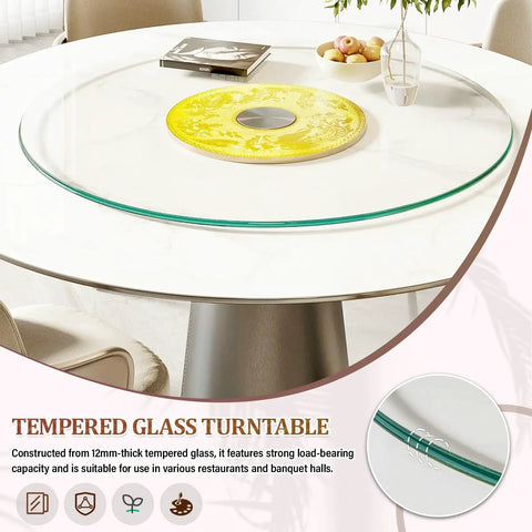 360 Degree No Fuss Silent Spin Glass Table Tray With 0.47 Inch Thick Round Top on dining table, showcasing tempered glass turntable
