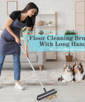 Heavy Duty Floor Scrub Brush With Long Adjustable Handle 2 In 1 Scrub And Squeegee for Quick Cleanup in living room setting.