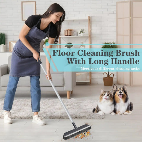 Heavy Duty Floor Scrub Brush With Long Adjustable Handle 2 In 1 Scrub And Squeegee for Quick Cleanup in living room setting.