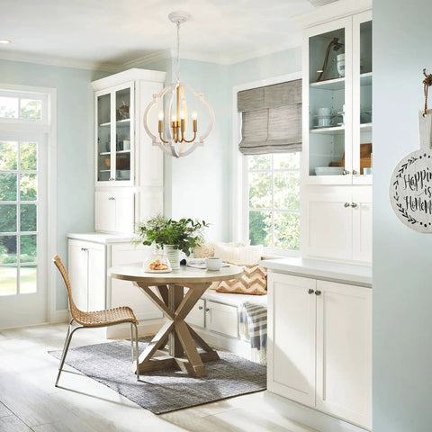 Modern Farmhouse 4 Light Wood Chandelier In Distressed White And Gold With Orb Globe Cage Pendant Lighting for kitchen