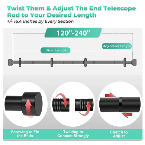 Diagram of adjusting Beefy 120 To 240 Inch Curtain Rod Matte Black 1 Inch Drape Rod For Bedroom Living Room Divider