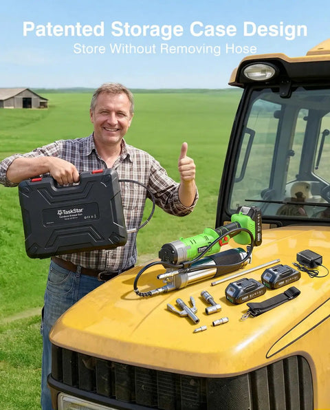 Man holding cordless 12000 PSI electric grease gun kit with dual batteries, 48-inch hose, quick release coupler on tractor