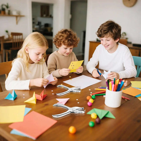 Children using durable 1/4 Inch single hole puncher with 8-sheet capacity for crafts, surrounded by colorful paper and stationery.