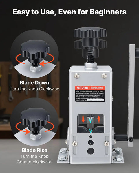 Front view of Heavy Duty Wire Stripper Machine with hand crank, showing blade adjustment knob for copper cable stripping.