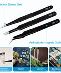 Three Piece Precision Tweezers Set For Crafting Electronics Jewelry Making And DIY Projects Anti Static Stainless Steel ESD Tweezers