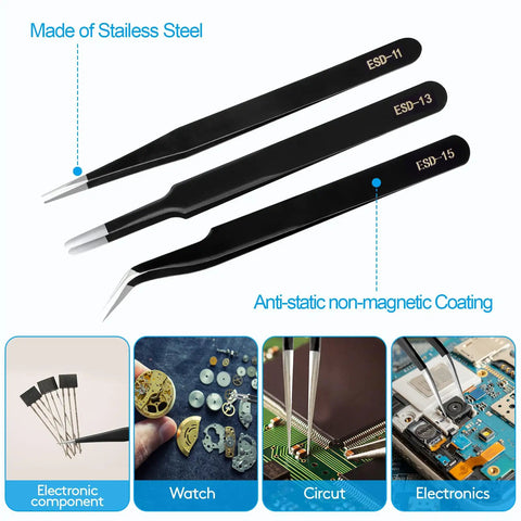 Three Piece Precision Tweezers Set For Crafting Electronics Jewelry Making And DIY Projects Anti Static Stainless Steel ESD Tweezers