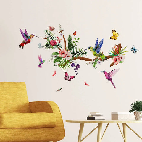 Three Sheets Hummingbird Wall Stickers Set With Flowers And Birds Easy Peel And Stick Vinyl Clings on living room wall
