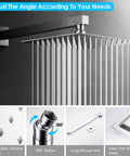 12 Inch Rain Shower System with wall mount faucet, chrome finish, showing anti-scald cartridge and adjustable shower angle.