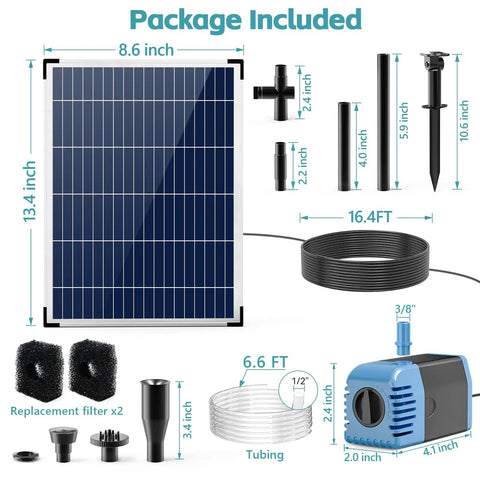 Package contents of Solar Fountain Pump 12W With 160GPH Flow including solar panel, pump, filters, tubing, and accessories.