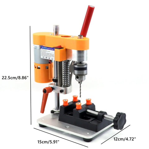 Mini Drill Press For Home Shop Precision Benchtop Drilling Machine with CNC 795 Motor and B10 Chuck, shown with precise dimensions.