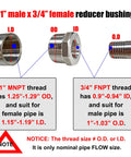 Diagram showing dimensions of 2 Pack Beefy Reducer Hex Bushing One Inch Male NPT To Three Quarters Inch Female NPT.