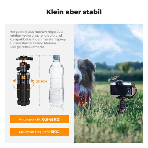 Aluminum compact desk tripod with ball head next to bottle, supporting DSLR, showing stability on grass with camera