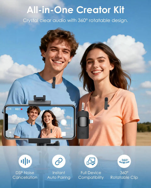 Two people using Wireless Mini Lavalier Microphone For iPhone Android Camera And PC 4 In 1 Lapel Mic with 360-degree clip outdoors.