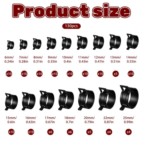 131-piece hose clamp kit with 6mm to 25mm black alloy steel clamps for auto repair and plumbing tubes