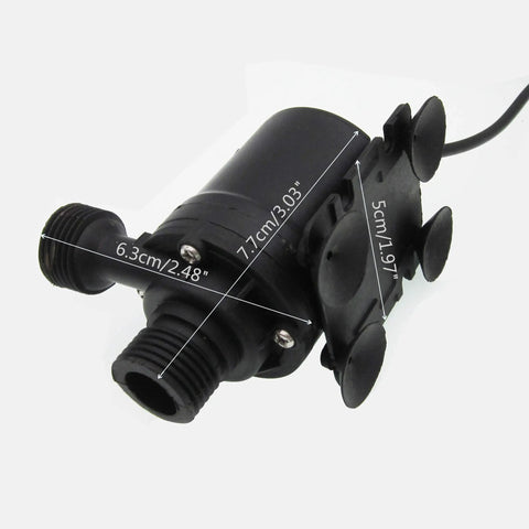 Smooth Operator DC 12V Solar Hot Water Circulation Pump, Brushless Low Noise Design, dimensions and submersible view.