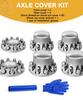 33mm Chrome Axle Cover Kit With Thread On Lug Nut Covers Includes 2 Front And 4 Rear Wheel Covers Dome Style Hub Caps For Semi Trucks Easy Install Tool Included displayed with wrench and gloves