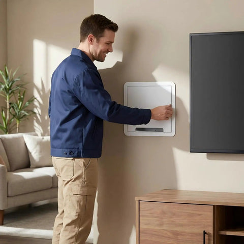 Person installing Ultra Slim In Wall Media Box with hassle free cable routing in living room, featuring white shell and TV nearby.