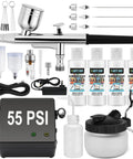 Pro Grade Airbrush Kit With Tough-Pressure Compressor, 55 Psi, Clog-Resistant Dual-Action Gun, 0.2/0.3/0.5mm Nozzles, Cleaning Kit With Four 4.05 Fl Oz Cleaners