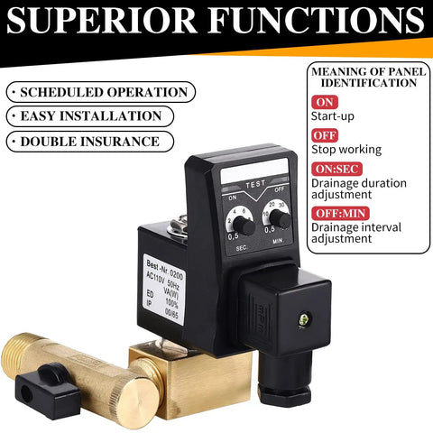 110V Auto Timed Drain Valve Kit For Air Compressors With Braided Steel Hose Half Inch NPT Brass Elbow Fitting