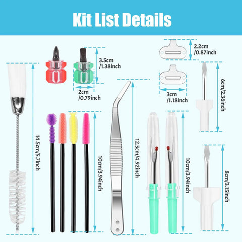 Product layout of Handy 14Pcs Sewing Machine Cleaning Kit Pro Grade Repair Tools With Double Headed Brush Tweezers And Screwdrivers.