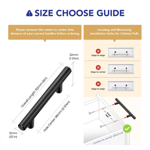 Size guide for 30 Pack 6 Inch Cabinet Pulls Matte Black Stainless Steel For Kitchen Drawers with 3.75 Inch Center to Center spacing