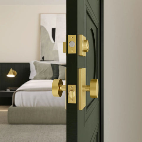 Top Shelf Smart Deadbolt With Bluetooth And WiFi Electronic Lock Featuring Solid Brass Build And Lifetime Satin Nickel Finish, close-up view on green door.