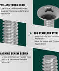 Top Shelf Heavy Duty Truss Head Machine Screws, Phillips Drive, 1/4-20 By 3/4 Inch, 18-8 Stainless Steel 304, Rust Free Bright Finish, showing screw features.