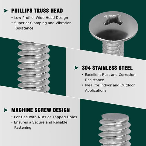 Top Shelf Heavy Duty Truss Head Machine Screws, Phillips Drive, 1/4-20 By 3/4 Inch, 18-8 Stainless Steel 304, Rust Free Bright Finish, showing screw features.