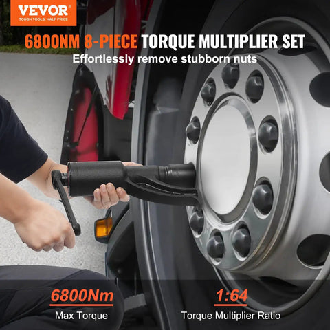 Person using Beast 1 Inch Drive Torque Multiplier Wrench Set With 1:64 Gear Ratio Delivers Up To 6,800 Nm Torque Includes 8 Sockets 24-38mm And Storage Case Heavy Duty Lug Nut Remover For Cars Trucks And Workshop on truck wheel.
