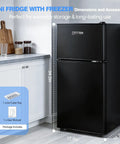 Straight Up Game Changer 3.2 Cubic Foot Mini Fridge With Separate Freezer in matte black finish beside kitchen countertop.