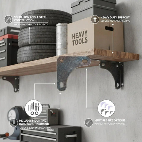 Heavy Duty Iron Triangle Shelf Brackets With Hardware For Angle Steel Shelving And Garage Storage Racks holding heavy tools